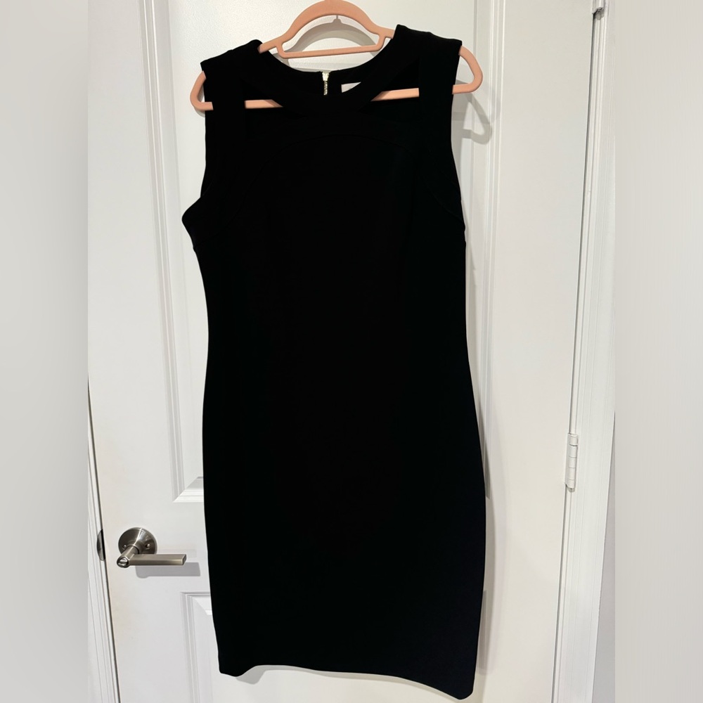Black Calvin Klein sheath dress with gold zipper detail